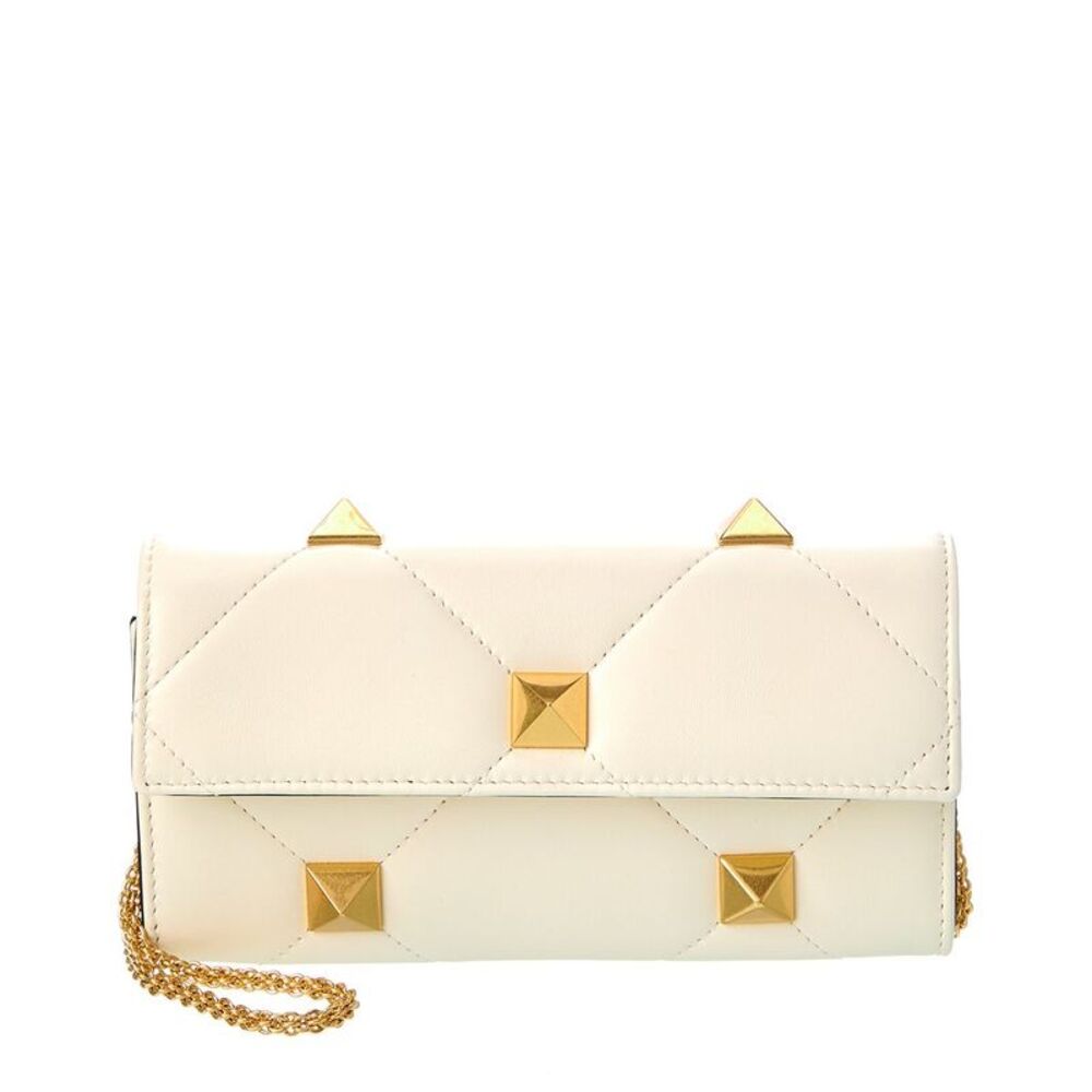 Valentino Roman Stud Leather Wallet On Chain, White